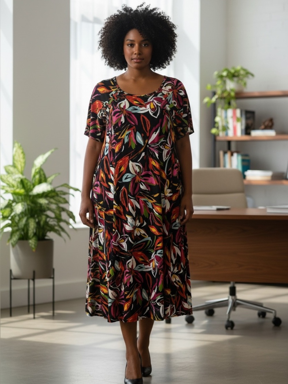 MSX Woman Size 3X Black Multicolor Floral-Leaf Midi Dress with Short Sleeves